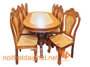 BÀN ĂN CĂM-GÕ OVAL 8 GHẾ MÀU GÕ
