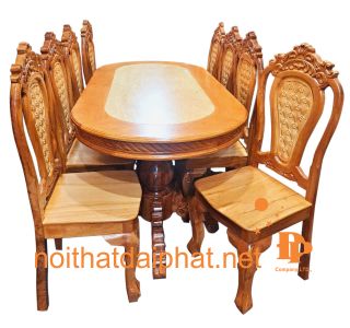 BÀN ĂN CĂM-GÕ OVAL 8 GHẾ MÀU GÕ